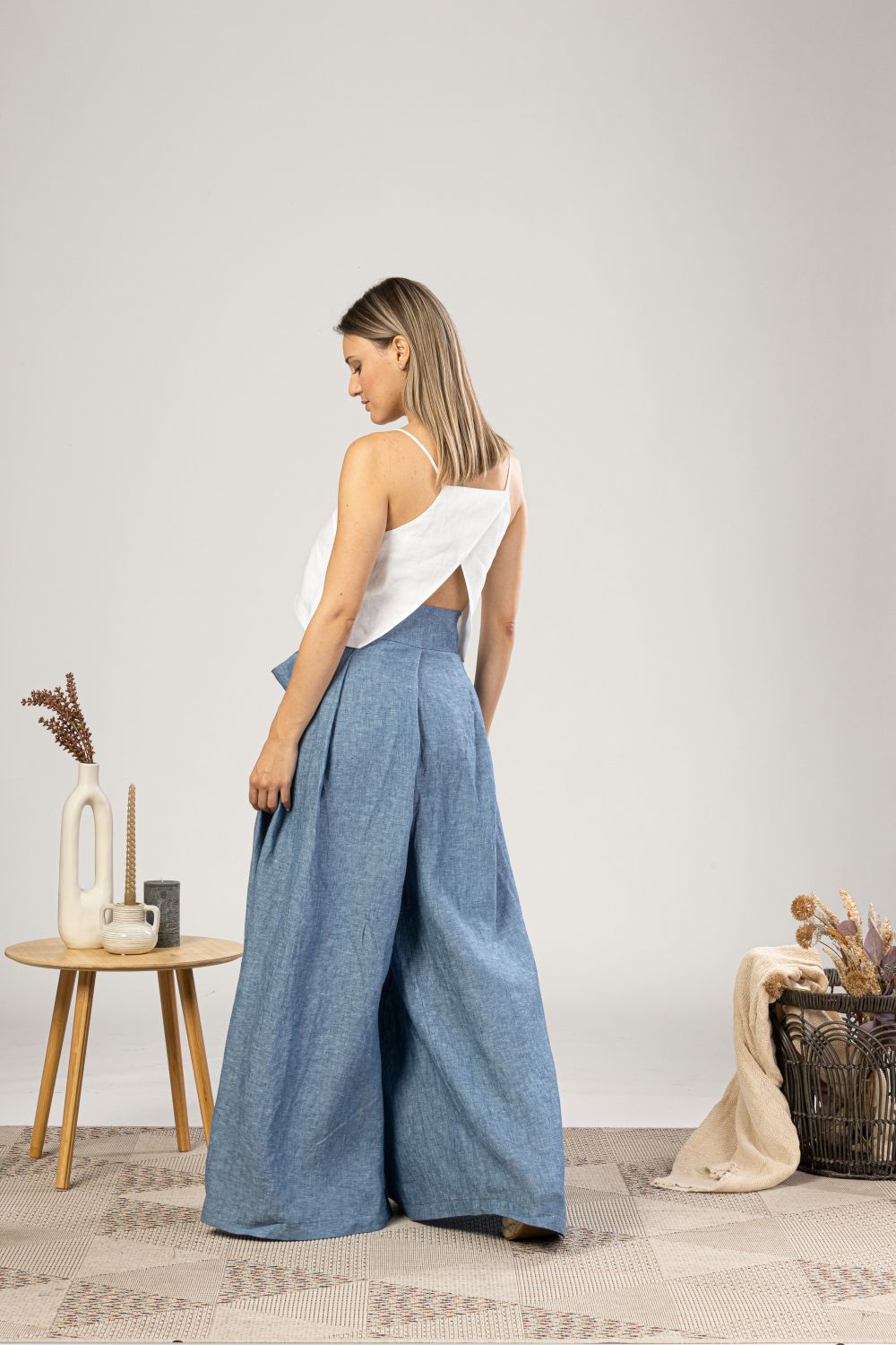 Blue Melange Wide Leg Linen Pants for formal and casual outfits in summer - from NikkaPlace | Effortless fashion for easy living