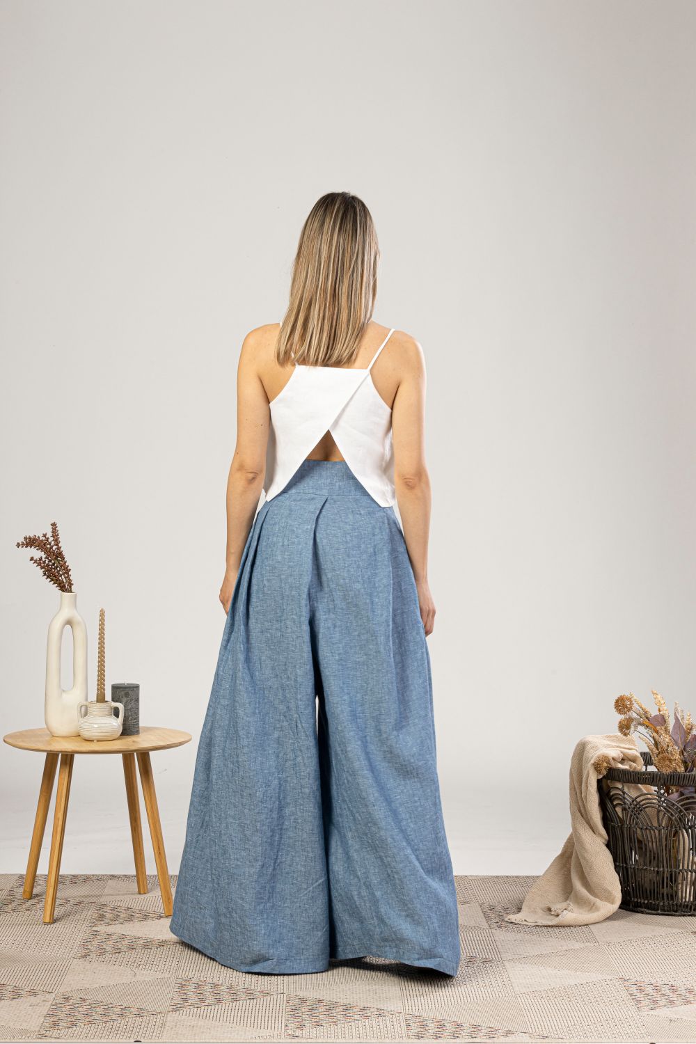 Blue Melange Wide Leg Linen Pants from the side view - from NikkaPlace | Effortless fashion for easy living