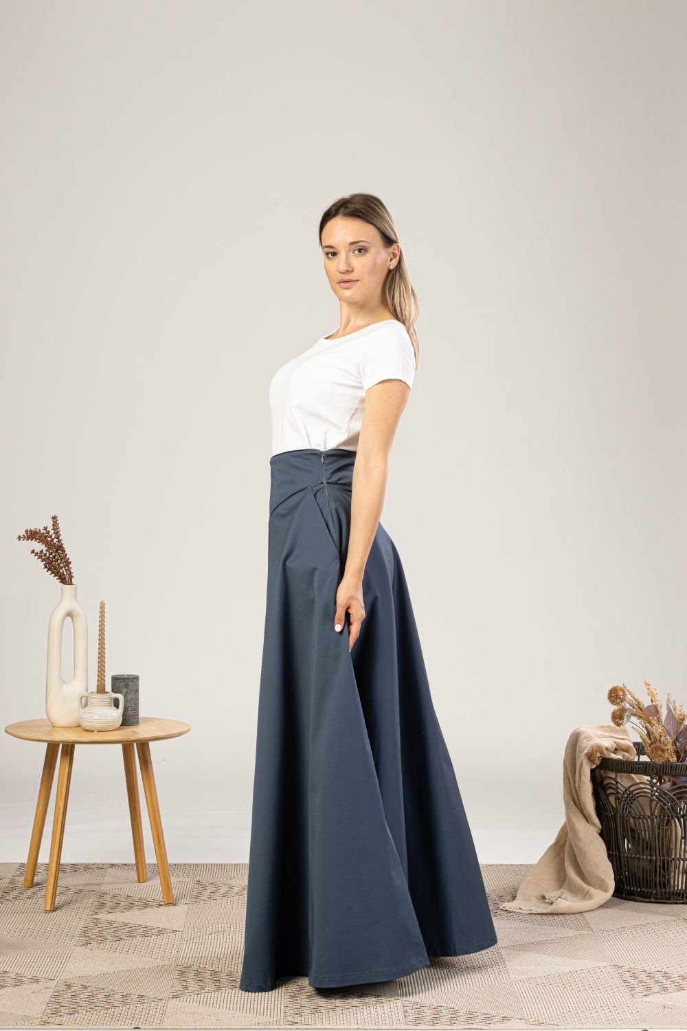 Slate Blue High Waist Victorian Skirt from the side view - from NikkaPlace | Effortless fashion for easy living