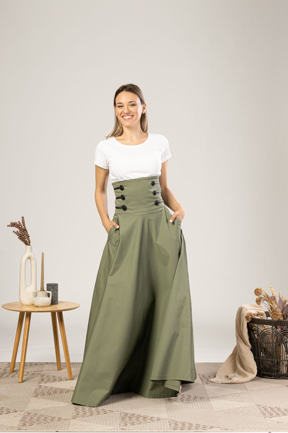High Waisted Empire Cotton Skirt photographed from the front view from NikkaPlace | Effortless fashion for easy living