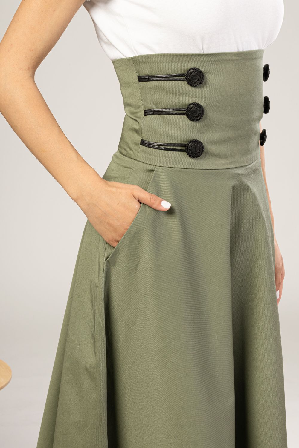 High Waisted Empire Cotton Skirt with detail on design buttons- from NikkaPlace | Effortless fashion for easy living