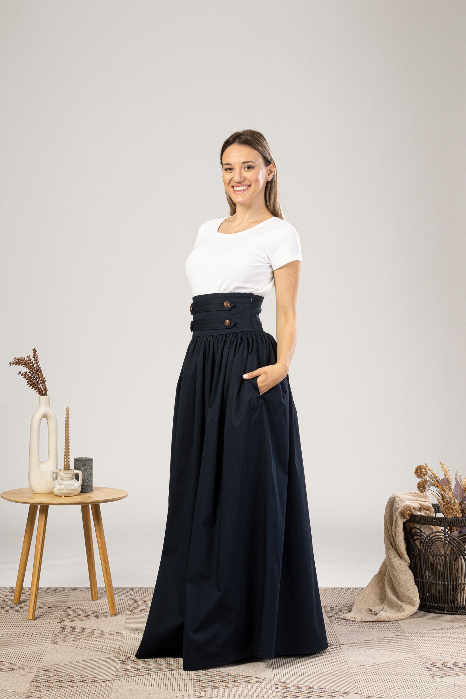 Maxi Flared Skirt with Waistband Buttons from the side view - from NikkaPlace | Effortless fashion for easy living