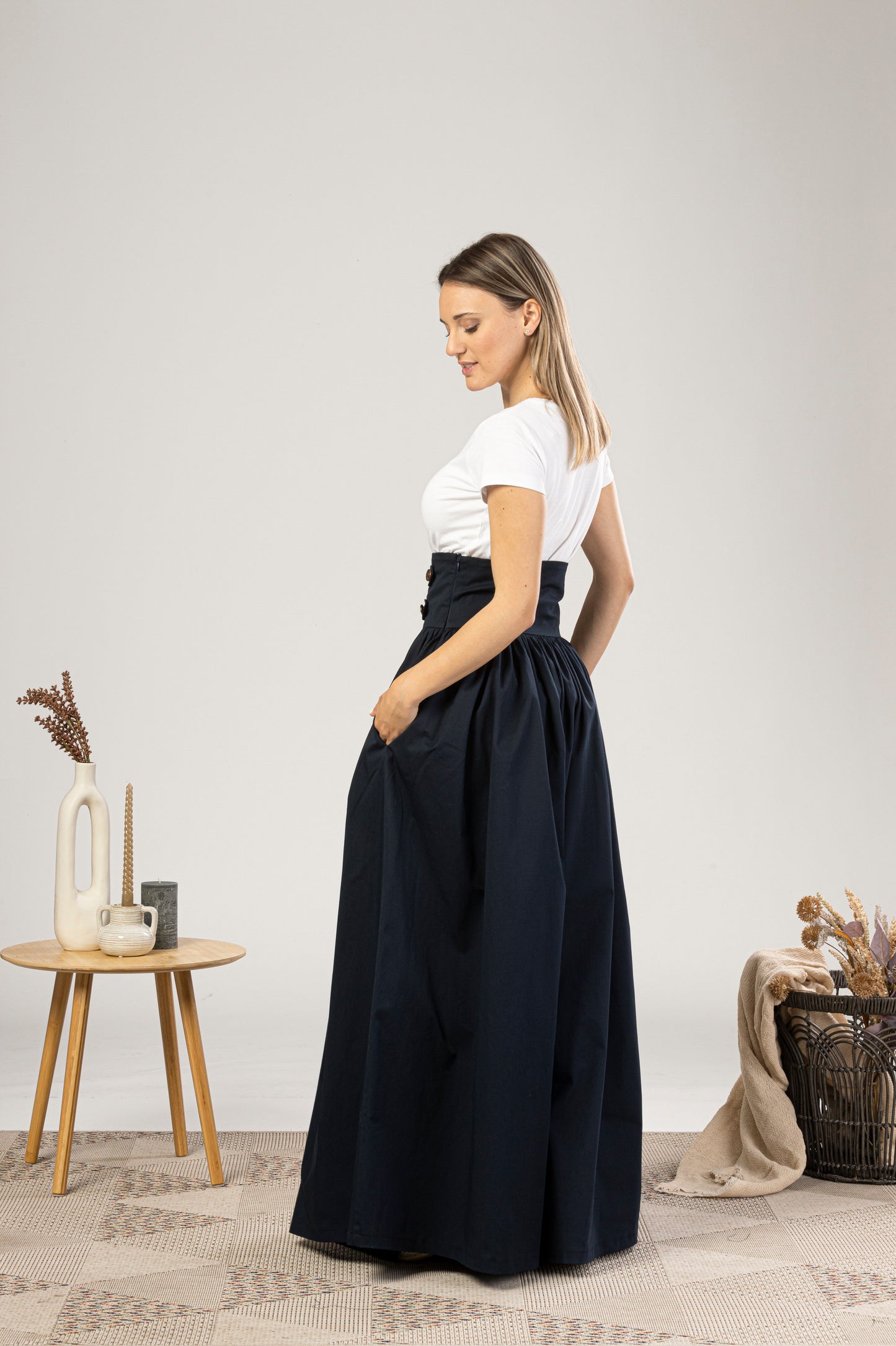 Maxi Flared Skirt with Waistband Buttons available in wide range of colors - from NikkaPlace | Effortless fashion for easy living