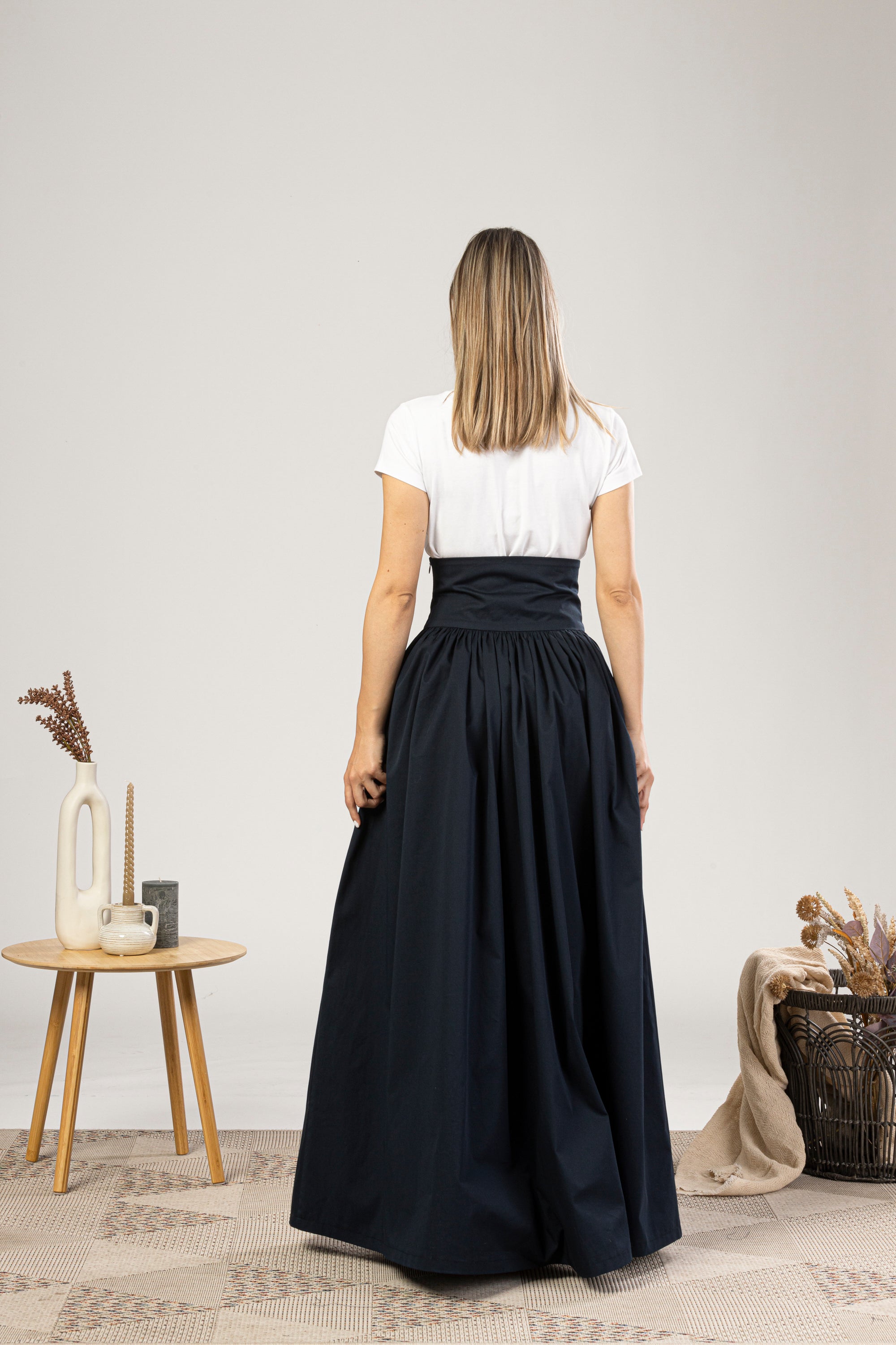 Maxi Flared Skirt with Waistband Buttons from the back view - from NikkaPlace | Effortless fashion for easy living