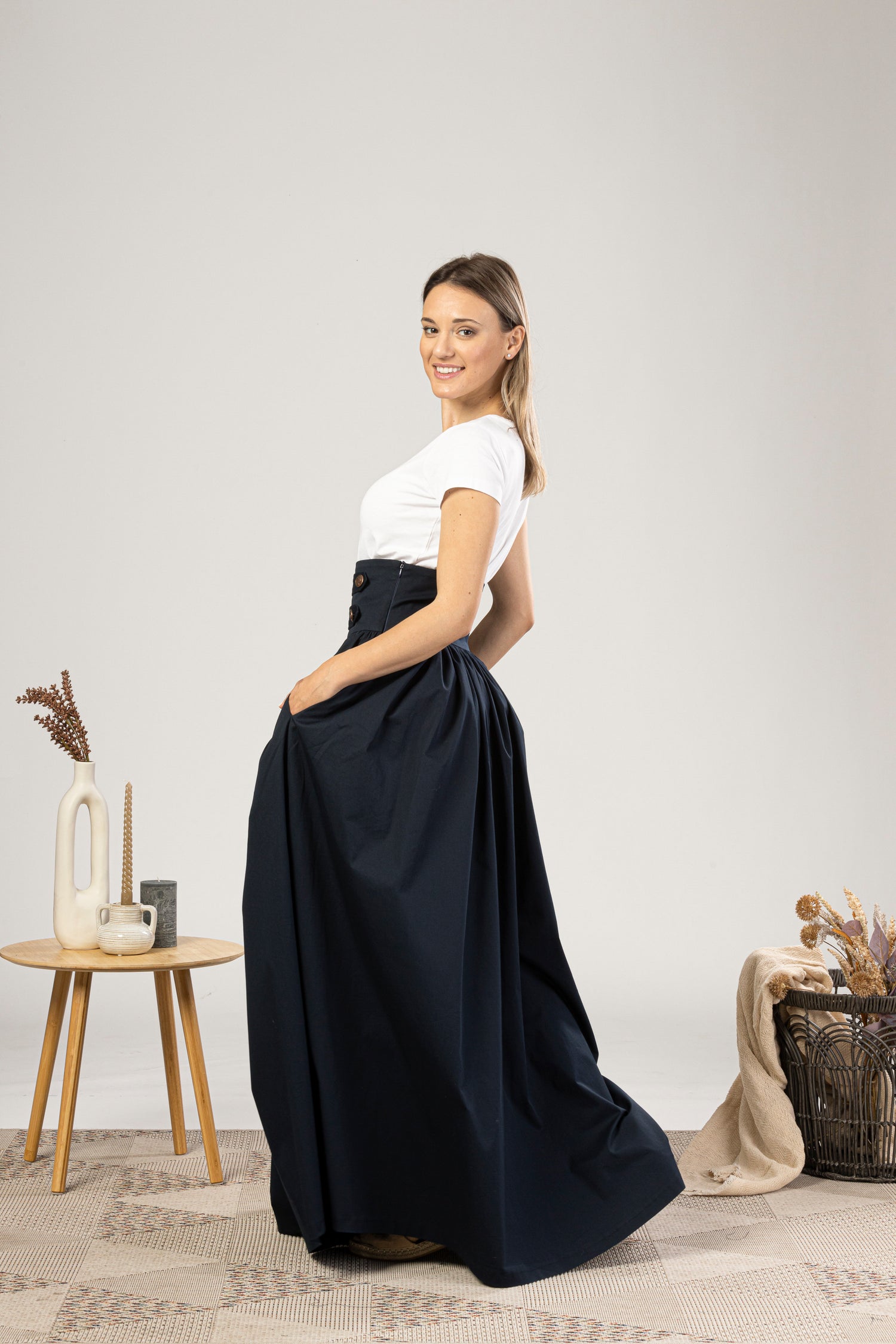 Maxi Flared Skirt with Waistband Buttons with a zip closure - from NikkaPlace | Effortless fashion for easy living