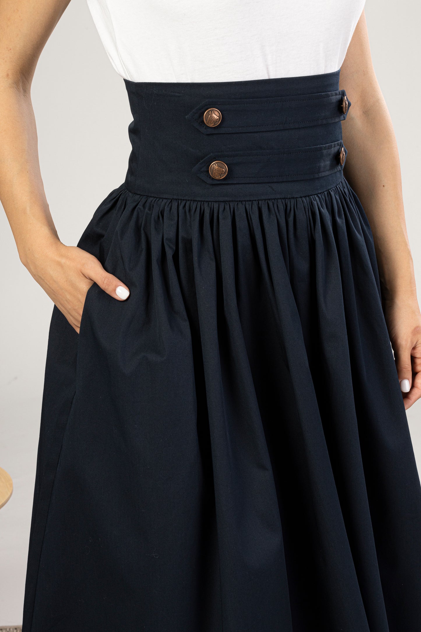 Maxi Flared Skirt with Waistband Buttons detail focus on the buttons - from NikkaPlace | Effortless fashion for easy living