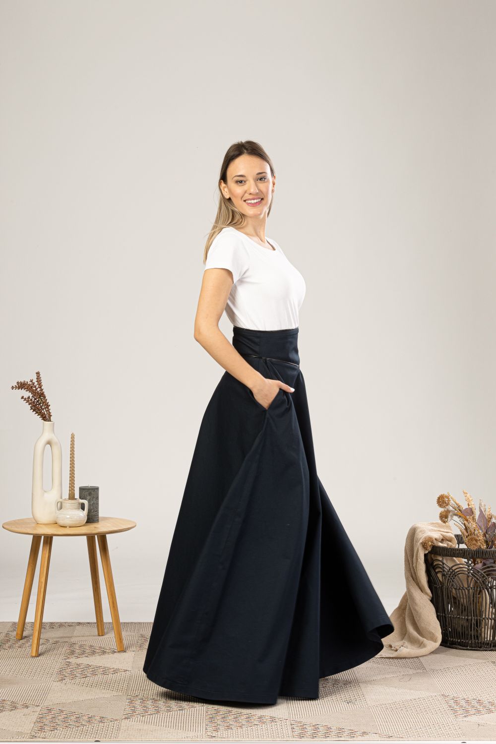Dark Blue High Waist Victorian Skirt from the side view - from NikkaPlace | Effortless fashion for easy living