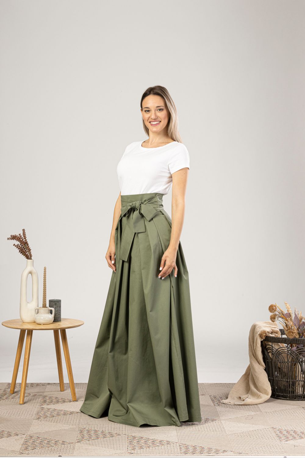 High waisted maxi skirt with belt best sale