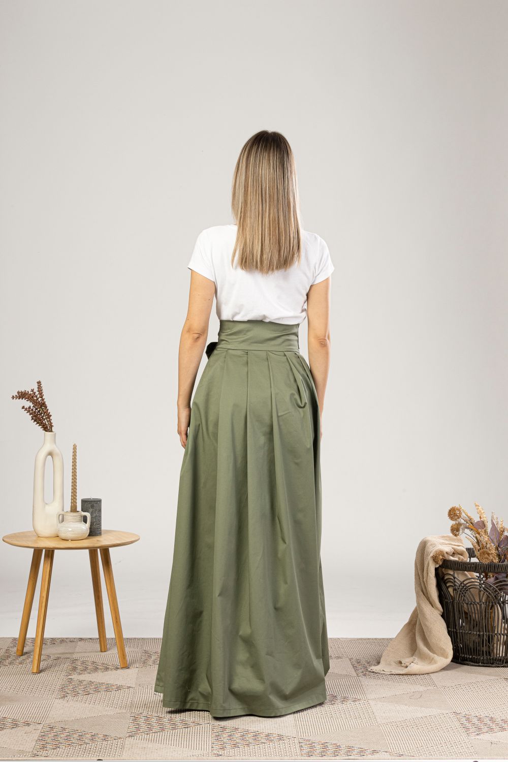 Sage Green High Waist Pleated Maxi Skirt from the back view - from NikkaPlace | Effortless fashion for easy living