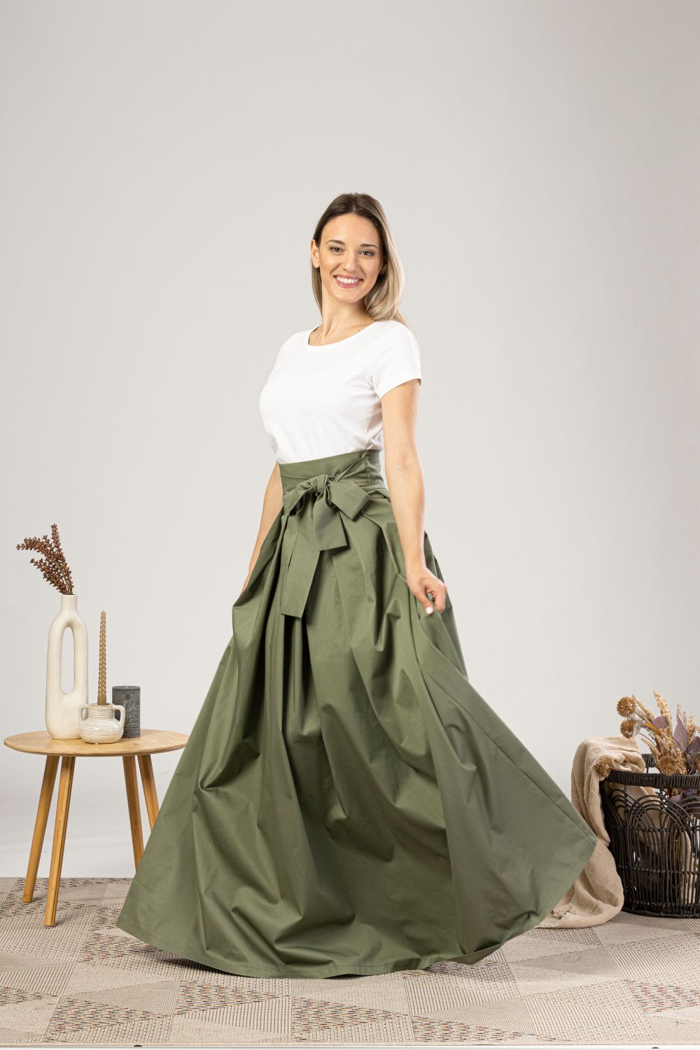 Sage Green High Waist Pleated Maxi Skirt with a design ribbon - from NikkaPlace | Effortless fashion for easy living