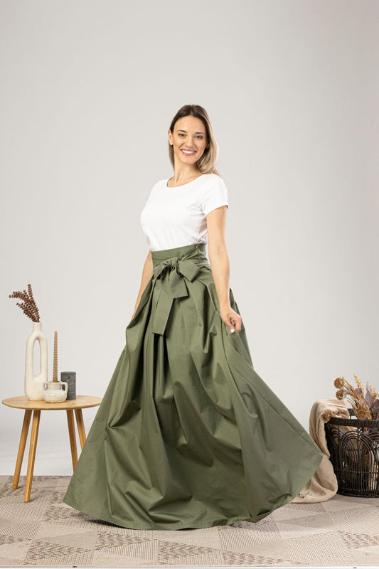 Sage Green High Waist Pleated Maxi Skirt with a design ribbon- from NikkaPlace | Effortless fashion for easy living