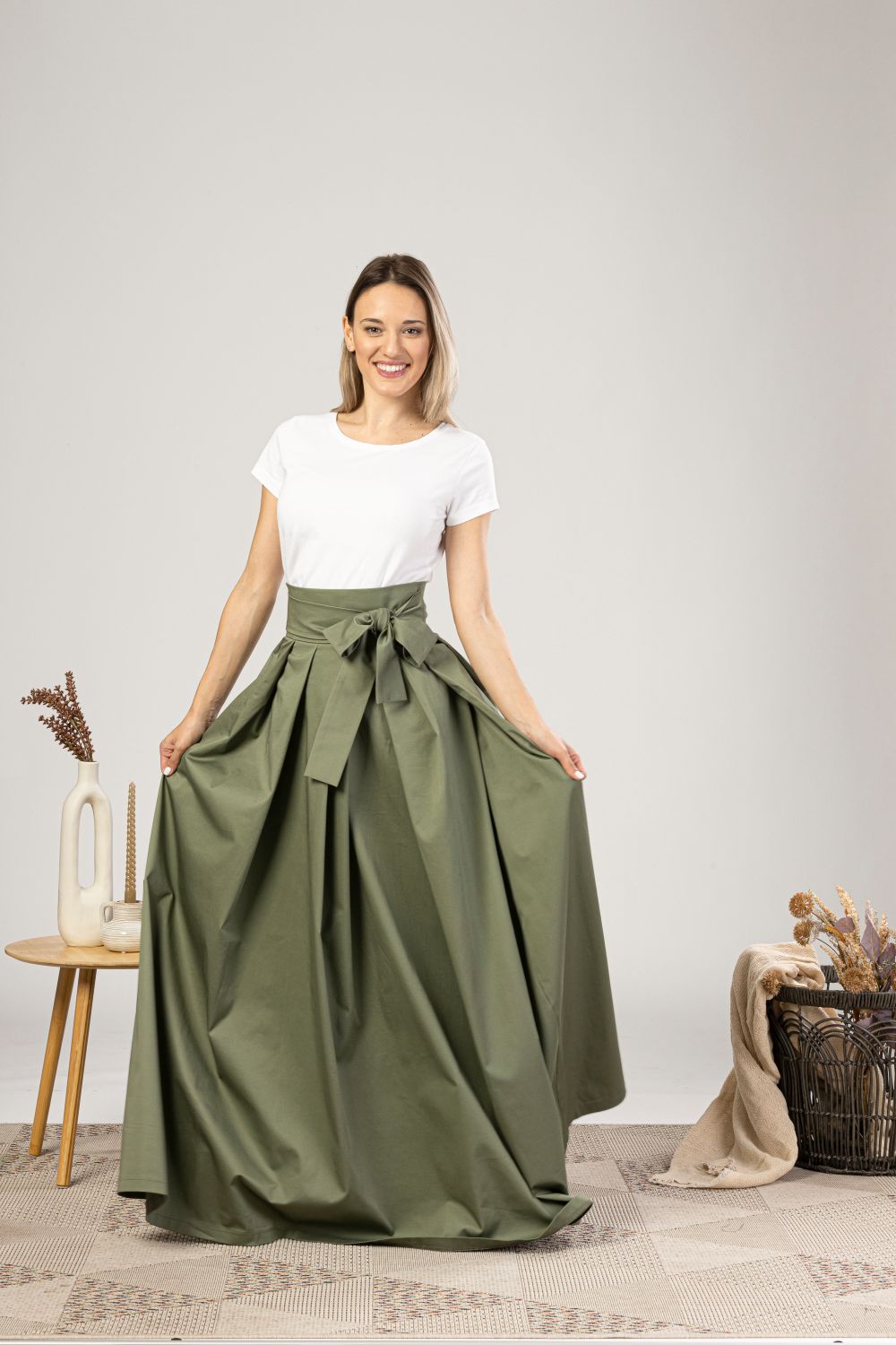 Sage Green High Waist Pleated Maxi Skirt for summer days - from NikkaPlace | Effortless fashion for easy living