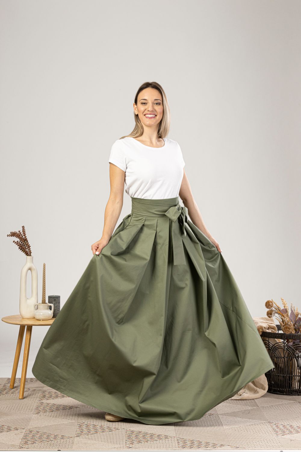 Sage Green High Waist Pleated Maxi Skirt from the front view - from NikkaPlace | Effortless fashion for easy living