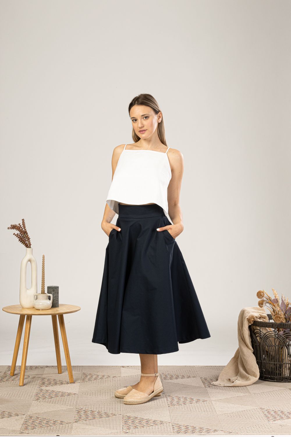Dark Blue Midi Flared Circle Skirt for everyday summer outfit - from NikkaPlace | Effortless fashion for easy living