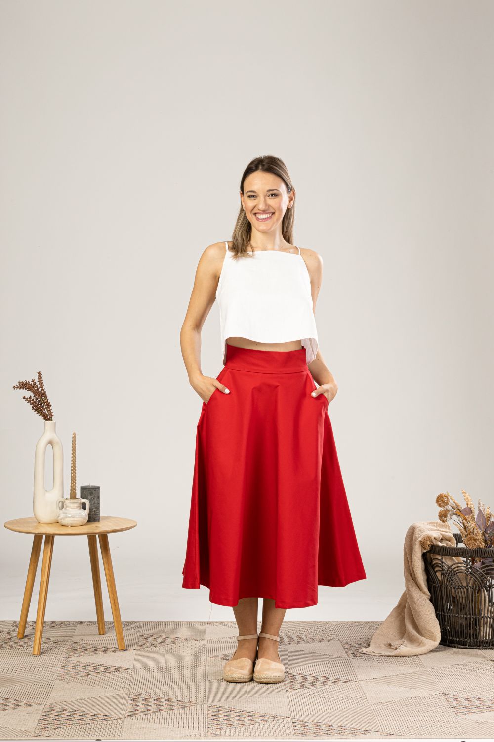 Red Midi Flared Circle Skirt from the front view - from NikkaPlace | Effortless fashion for easy living