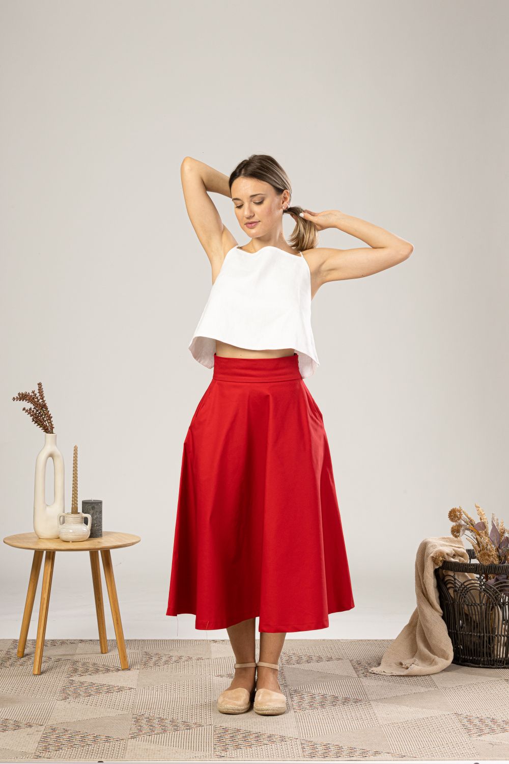 Red Midi Flared Circle Skirt for summer hot days - from NikkaPlace | Effortless fashion for easy living