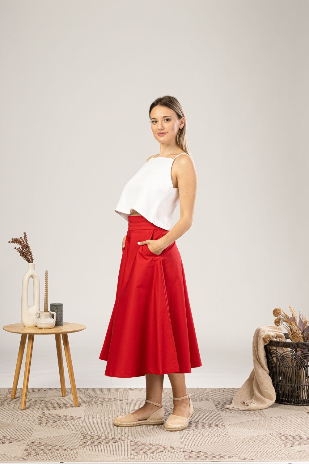 Red Midi Flared Circle Skirt from the side view - from NikkaPlace | Effortless fashion for easy living
