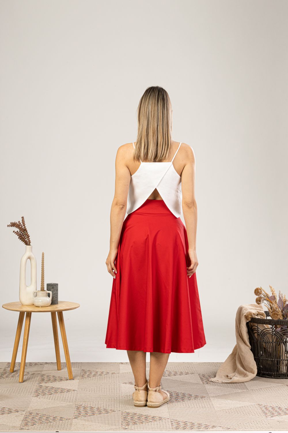 Red Midi Flared Circle Skirt from the back view - from NikkaPlace | Effortless fashion for easy living