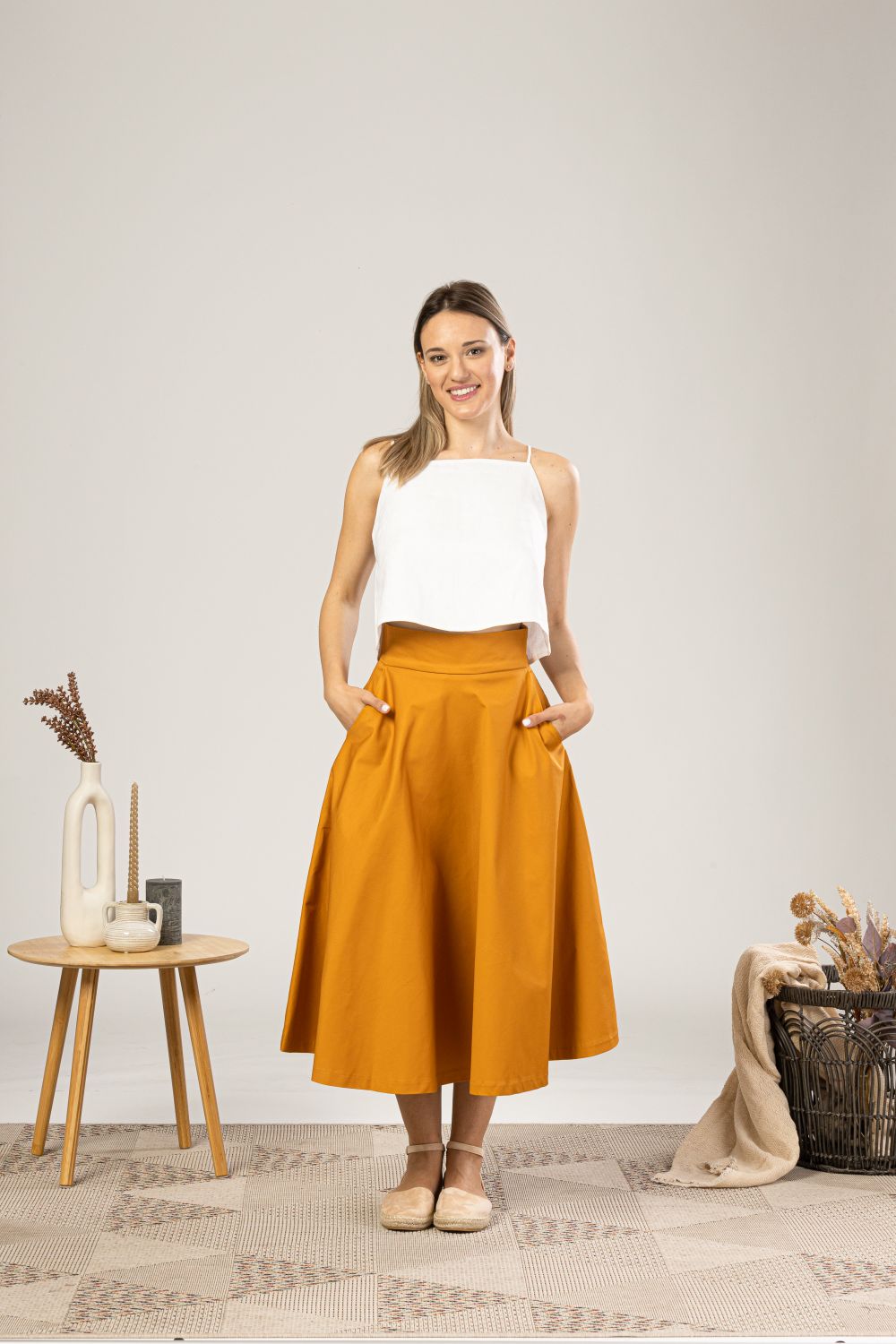 Deep Yellow Midi Flared Circle Skirt from the front view - from NikkaPlace | Effortless fashion for easy living