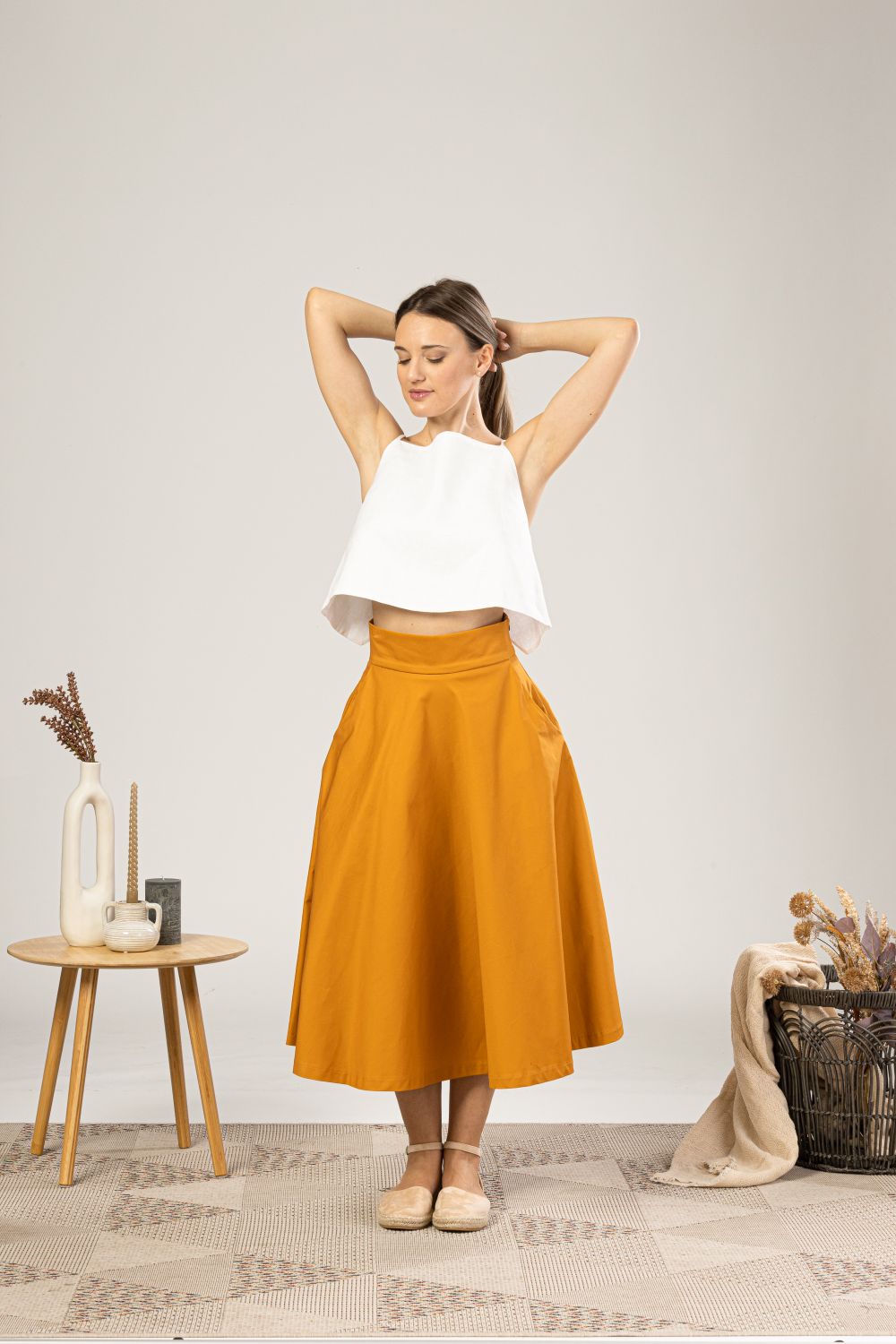 Deep Yellow Midi Flared Circle Skirt for everyday outfit - from NikkaPlace | Effortless fashion for easy living