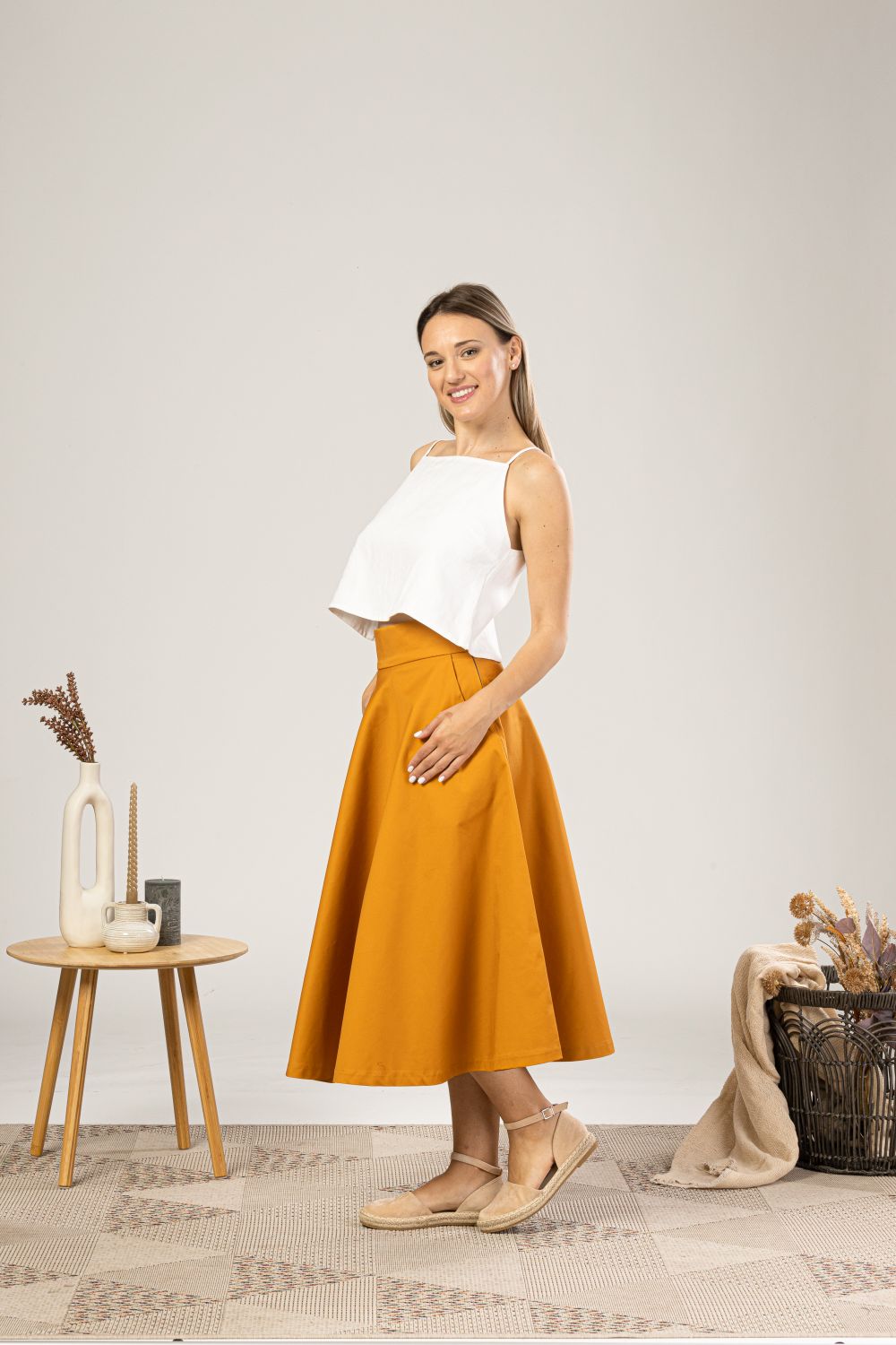 Deep Yellow Midi Flared Circle Skirt from the side view- from NikkaPlace | Effortless fashion for easy living