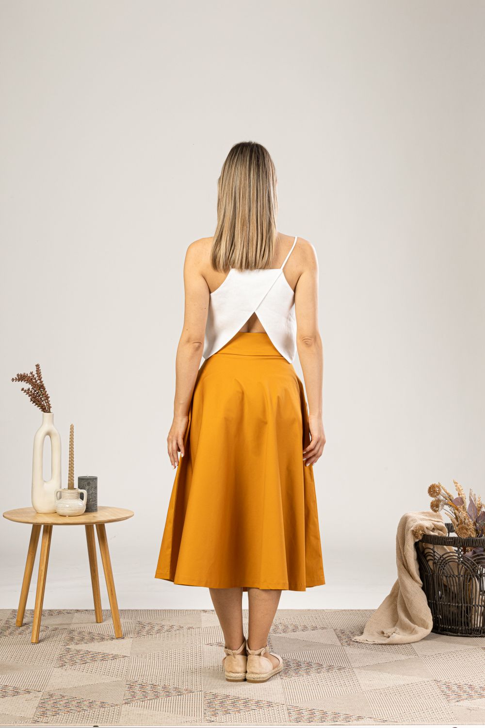 Deep Yellow Midi Flared Circle Skirt from the back view- from NikkaPlace | Effortless fashion for easy living