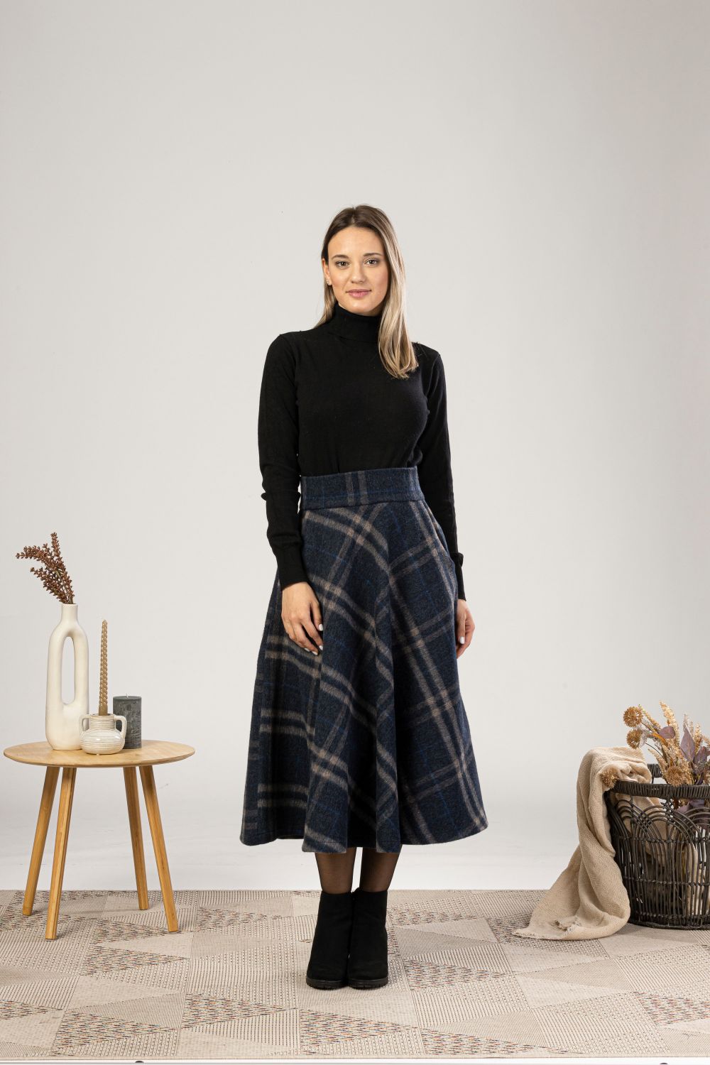 Plaid High Waist Wool Midi Skirt with Belt from the front view - from NikkaPlace | Effortless fashion for easy living