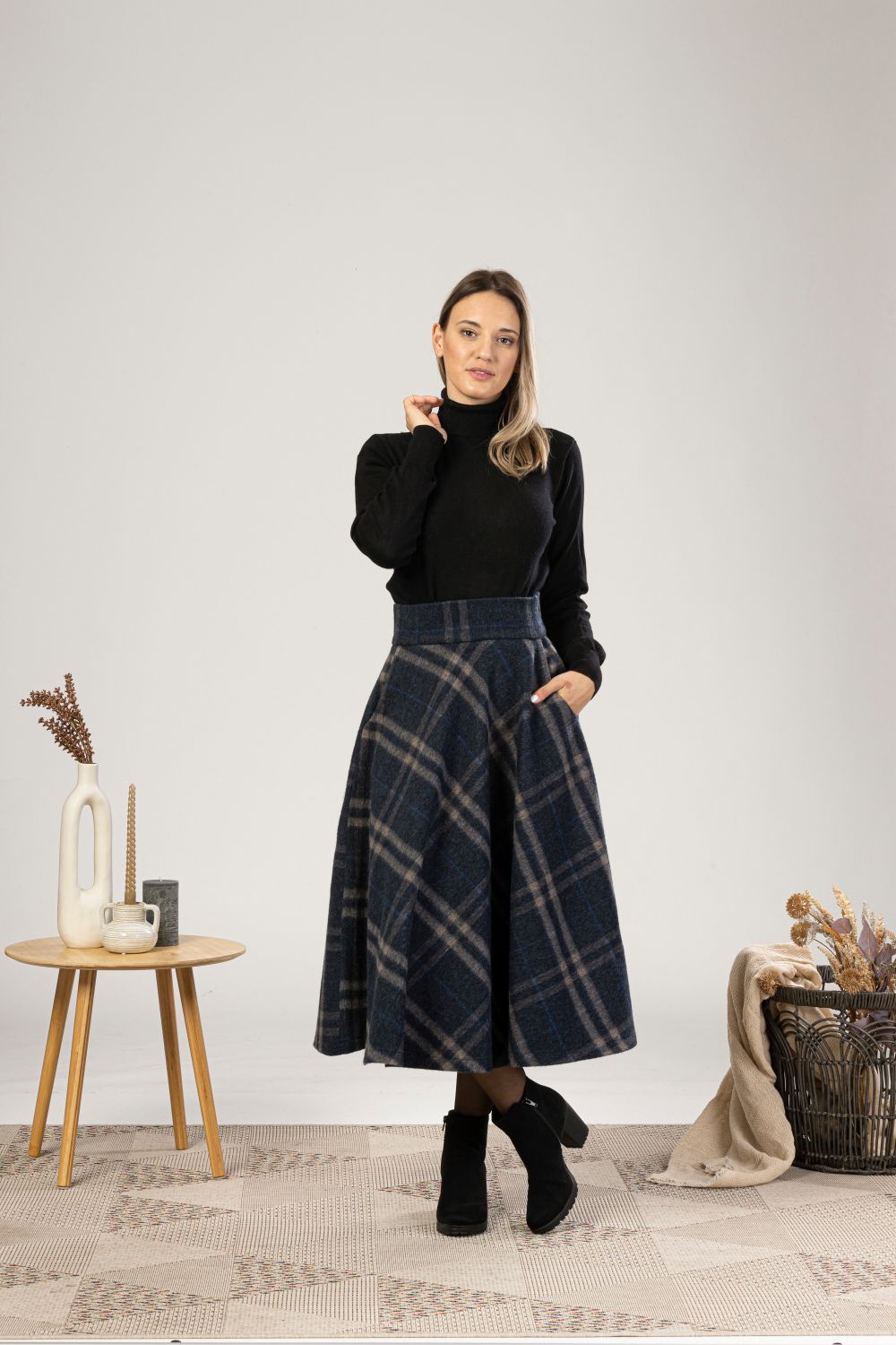 High Waist Wool Midi Skirt with Belt for cold and winter days - from NikkaPlace | Effortless fashion for easy living