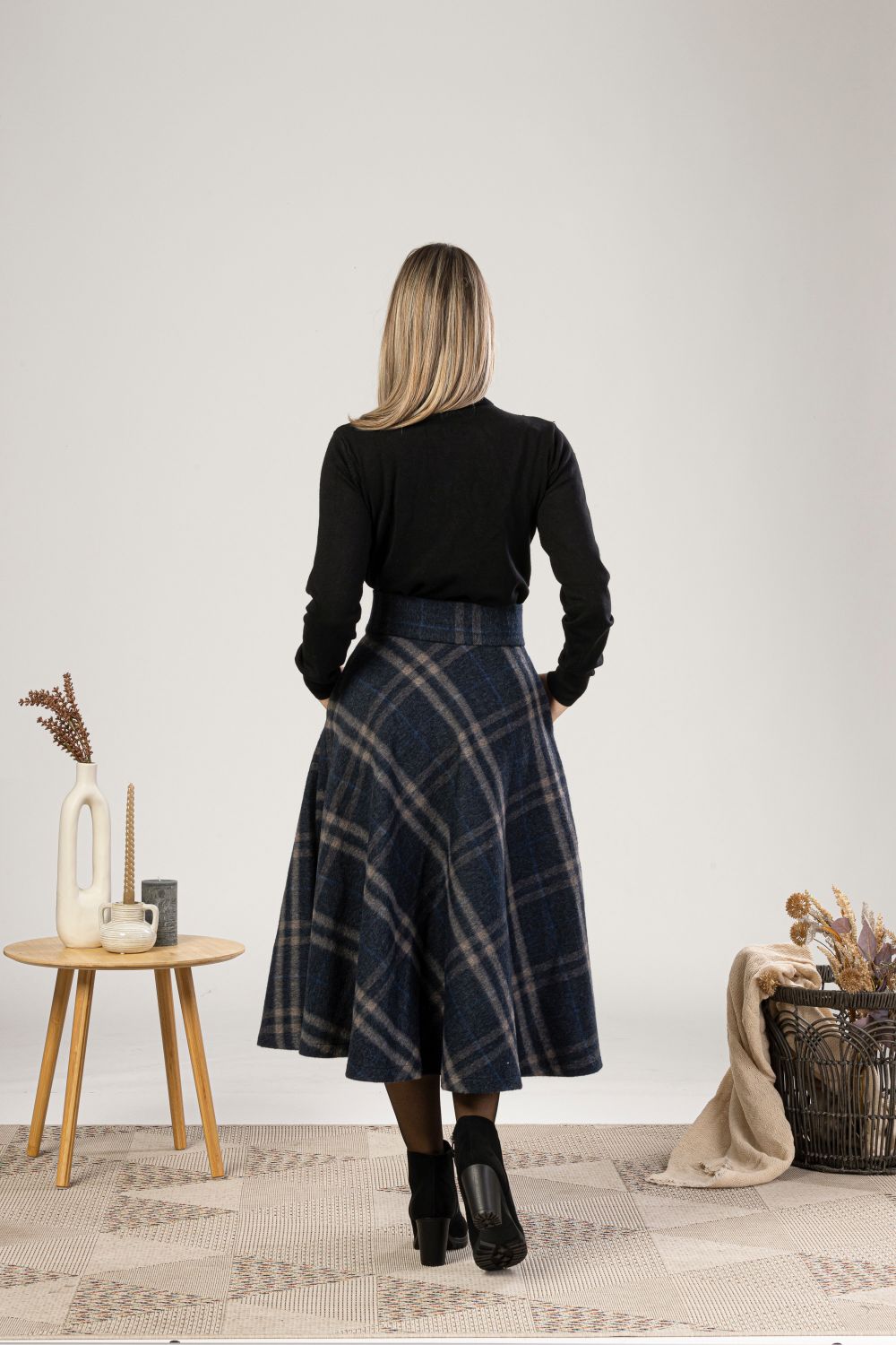 High Waist Wool Midi Skirt with Belt from the back view - from NikkaPlace | Effortless fashion for easy living