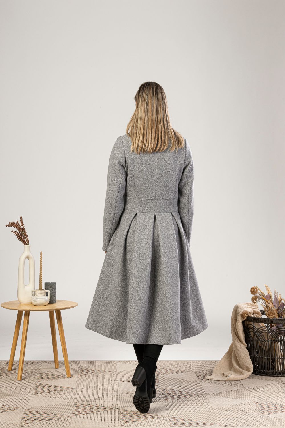 Gray A-Line Fit and Flare Coat with Pockets from the back view NikkaPlace | Effortless fashion for easy living
