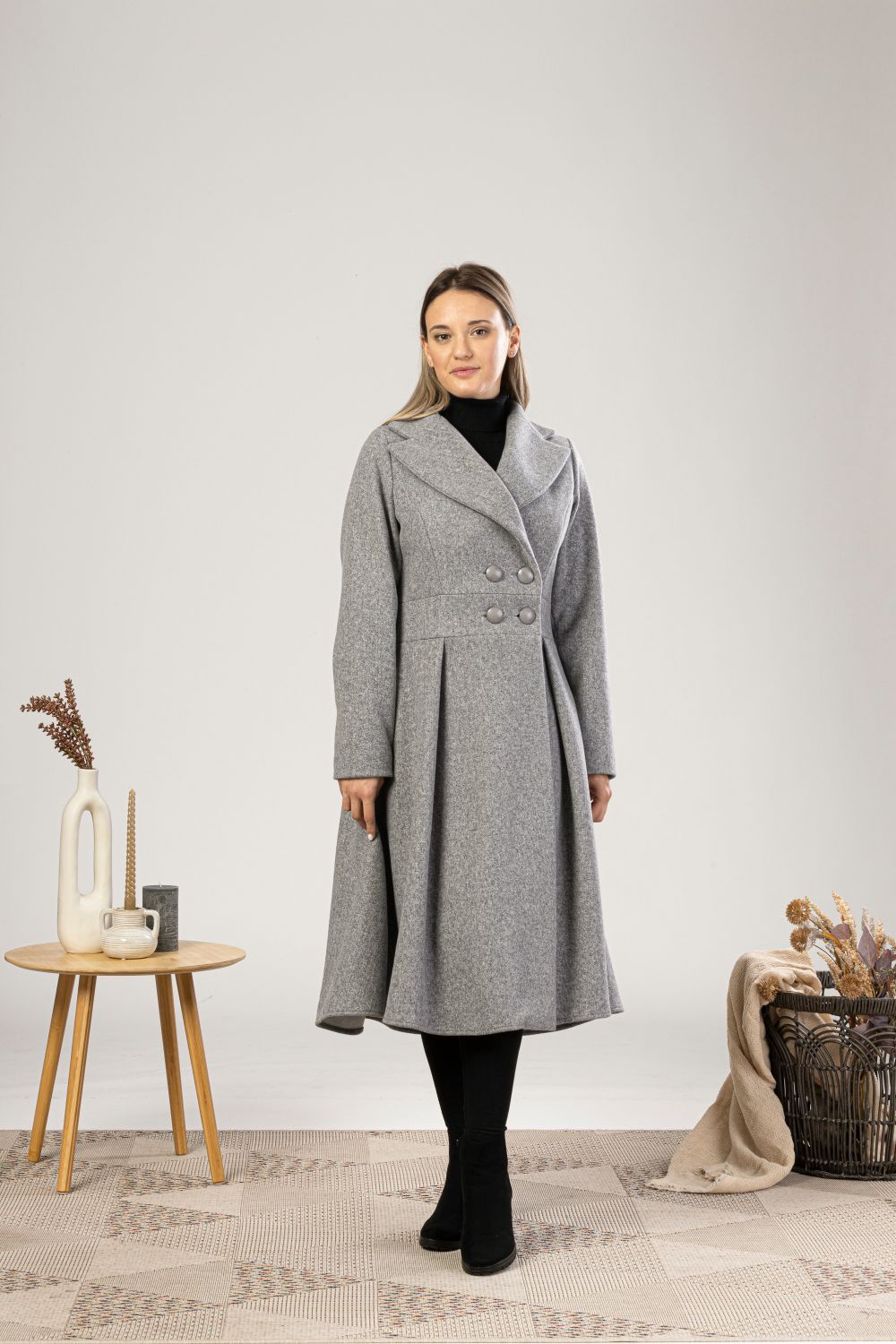 Gray A-Line Fit and Flare Coat with Pockets from the front view NikkaPlace | Effortless fashion for easy living