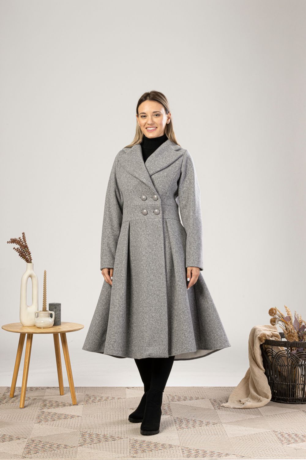 Gray A-Line Fit and Flare Coat with Pockets and design buttons from NikkaPlace | Effortless fashion for easy living