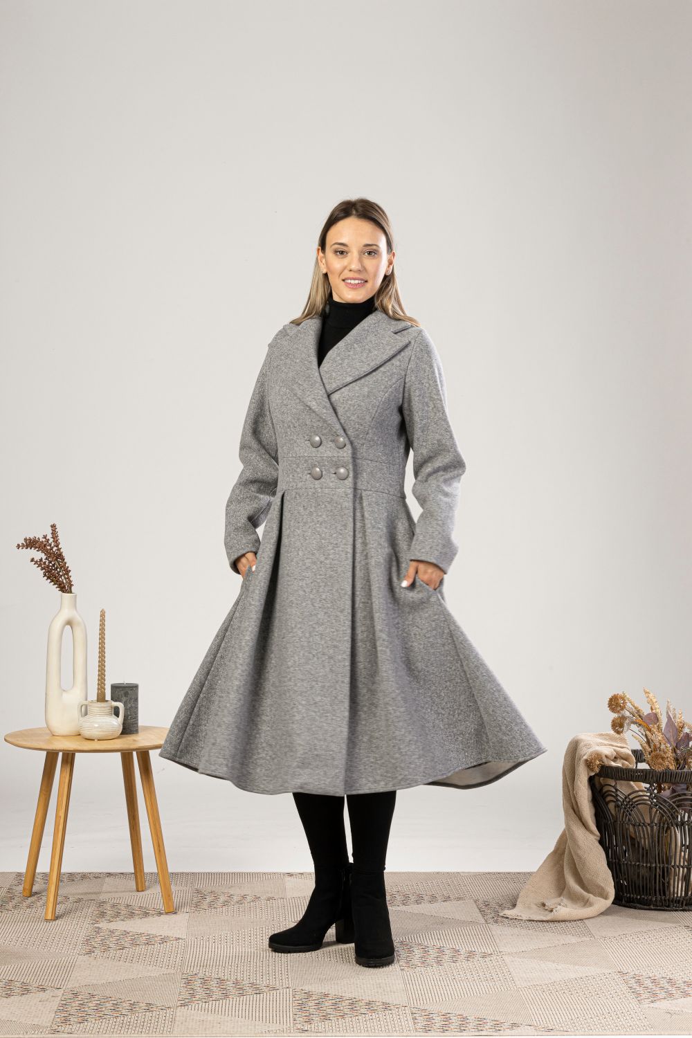 Gray A-Line Fit and Flare Coat with Pockets for cold winter and autumn days from NikkaPlace | Effortless fashion for easy living