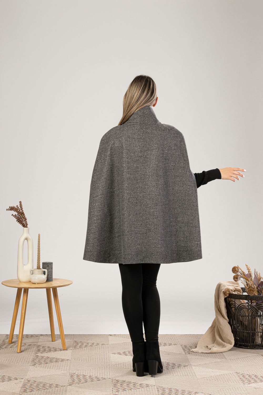 Back view of Dark Gray Winter Cape Coat from NikkaPlace | Effortless fashion for easy living