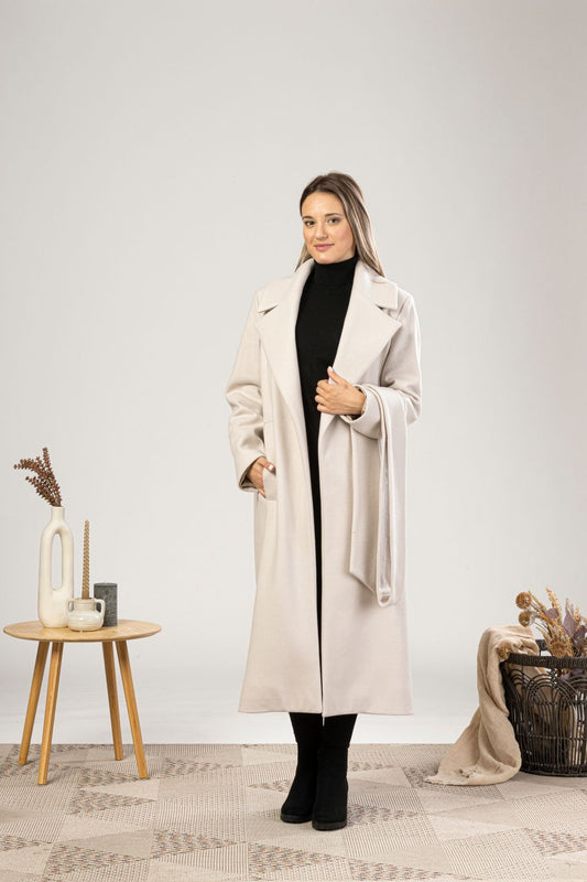 Off White Long Wool Belted Coat with a belt from Nikka Place | Effortless fashion for easy living