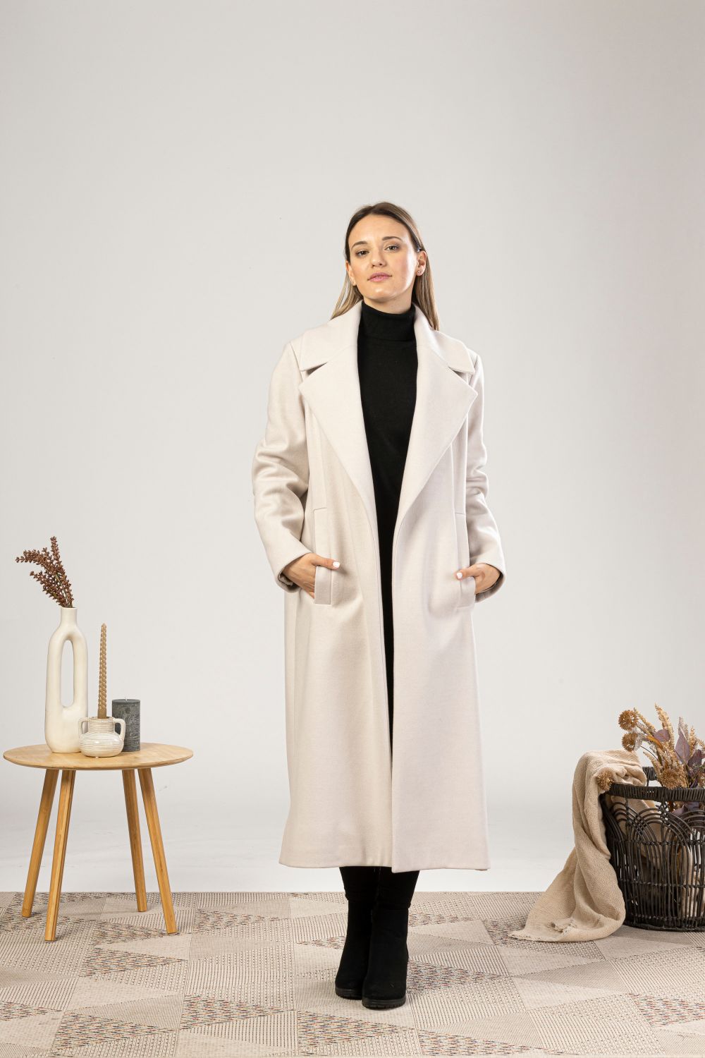 Long Wool Belted Coat front view from Nikka Place | Effortless fashion for easy living