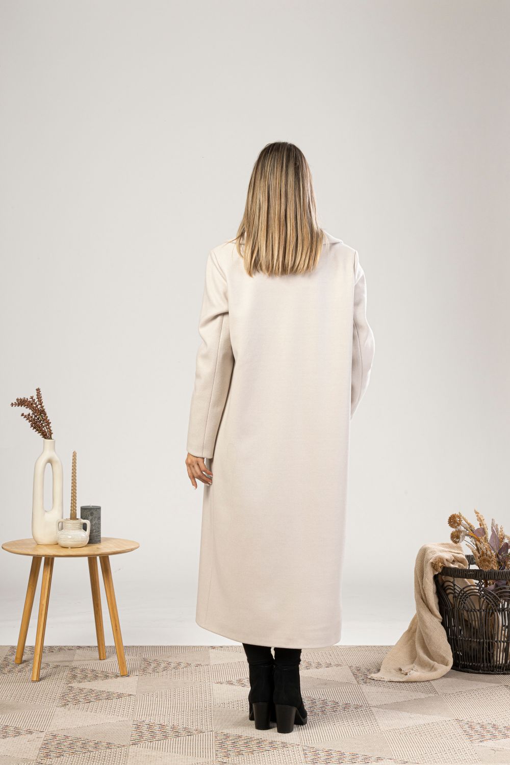 Off White Long Wool Belted Coat back view from Nikka Place | Effortless fashion for easy living