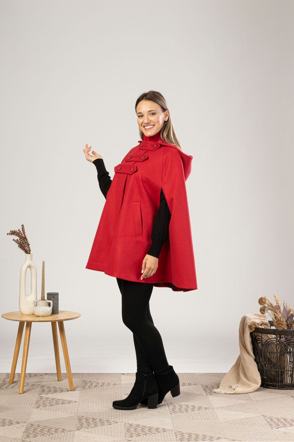 Side view of Raspberry Hooded Wool Cape Coat from NikkaPlace | Effortless fashion for easy living