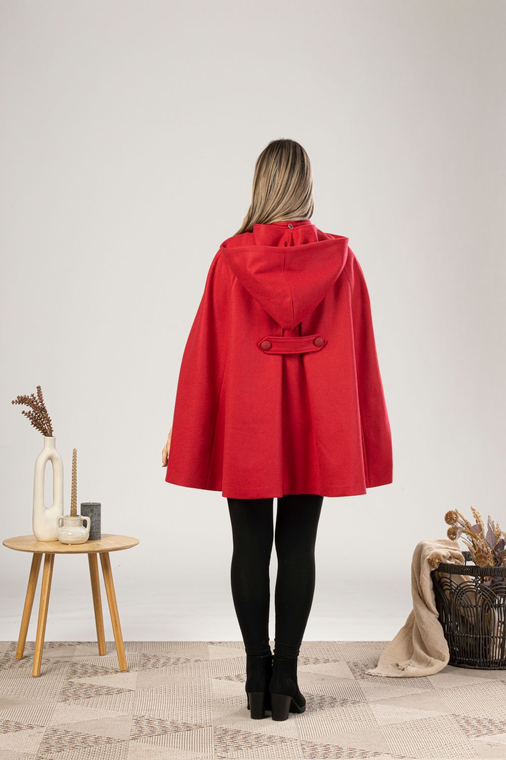 Back view of Raspberry Hooded Wool Cape Coat from NikkaPlace | Effortless fashion for easy living