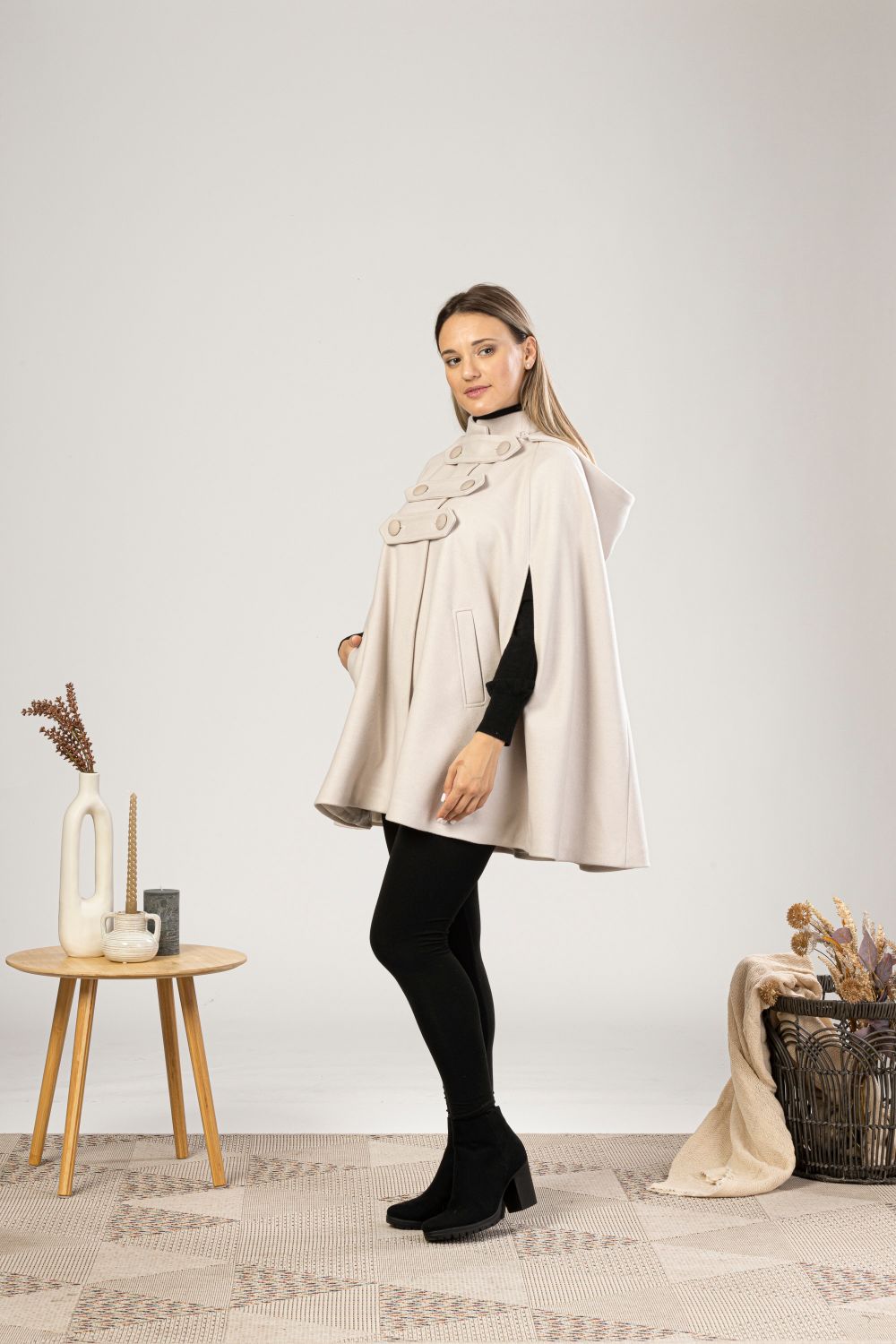 Stylish off white wool cape coat - Hooded Wool Cape Coat from NikkaPlace | Effortless fashion for easy living