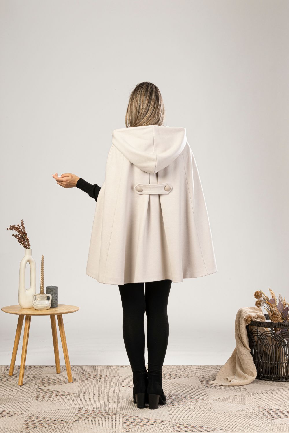 Back view of white stylish Off White Wool Cape Coat from NikkaPlace | Effortless fashion for easy living