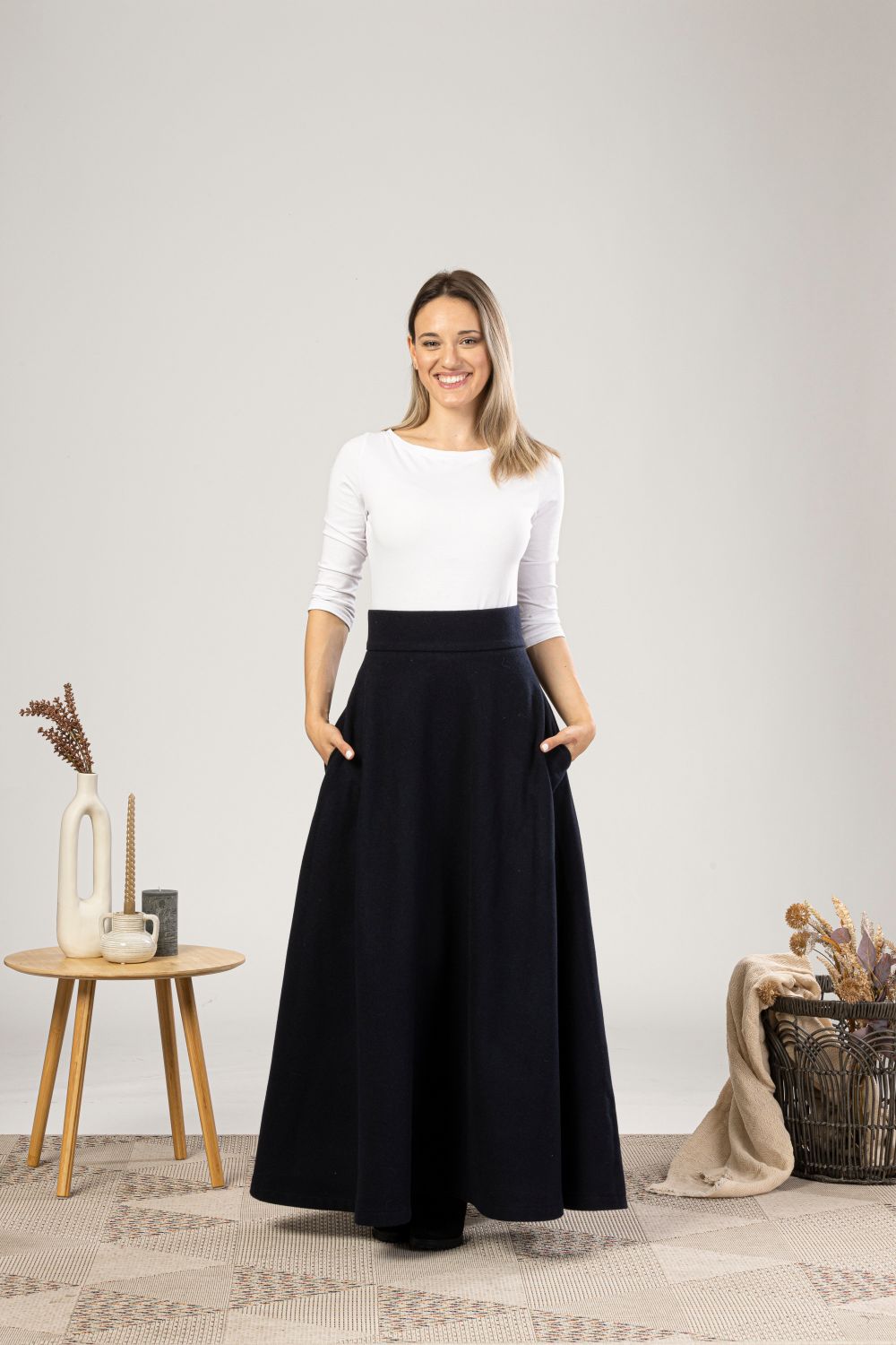 Dark Blue High Waisted Wool Maxi Skirt from NikkaPlace | Effortless fashion for easy living