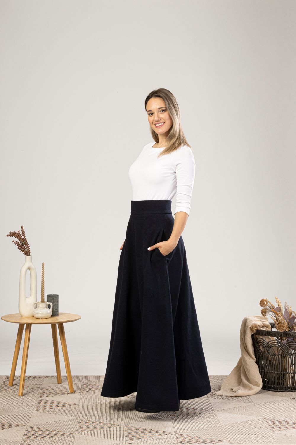 Dark Blue High Waisted Minimalist Wool Maxi Skirt from NikkaPlace | Effortless fashion for easy living