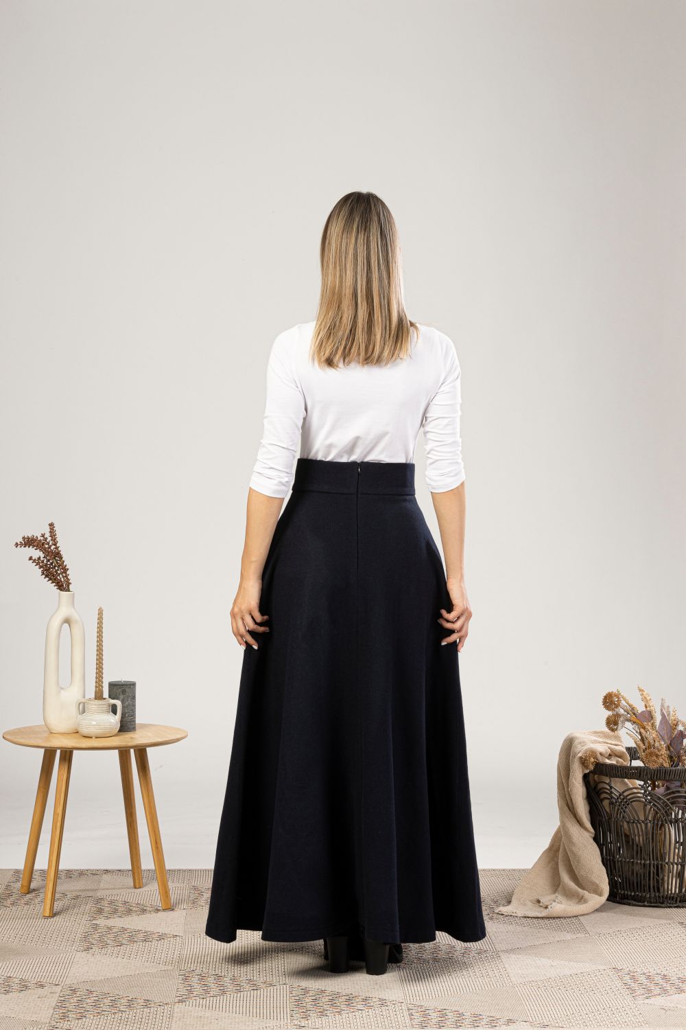 Dark Blue High Waisted Wool Maxi Skirt back view from NikkaPlace | Effortless fashion for easy living