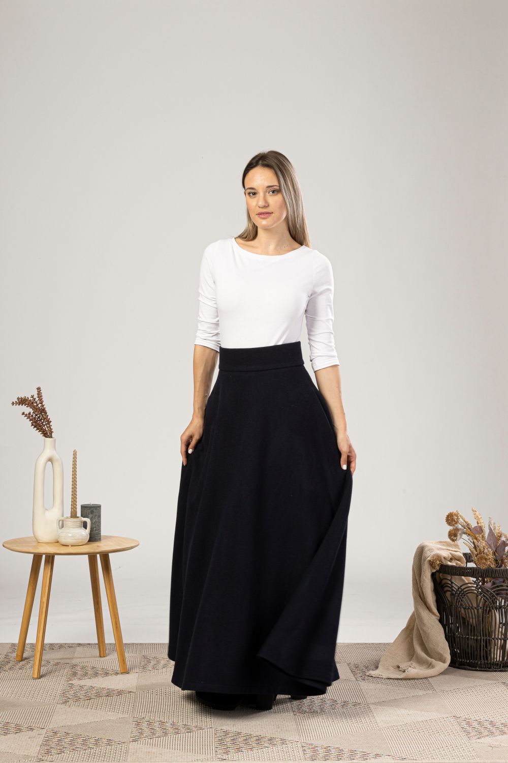 Dark Blue High Waisted Wool Maxi Skirt from NikkaPlace | Effortless fashion for easy living