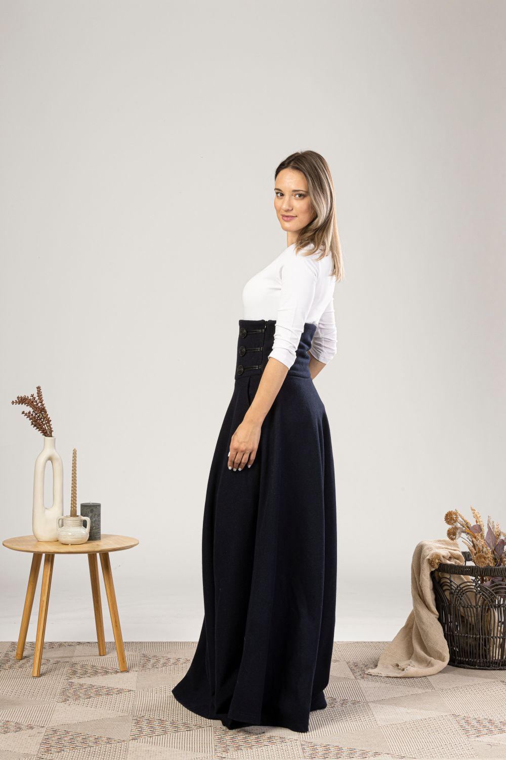 Dark Blue Winter Wool Maxi Skirt from the front view - from NikkaPlace | Effortless fashion for easy living