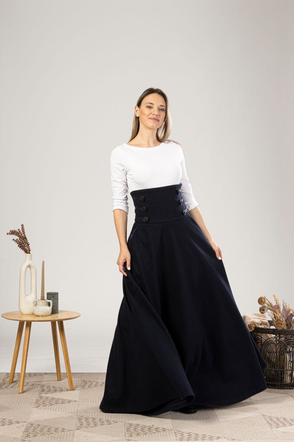 Dark Blue Winter Wool Maxi Skirt from the front view with design button decoration - from NikkaPlace | Effortless fashion for easy living