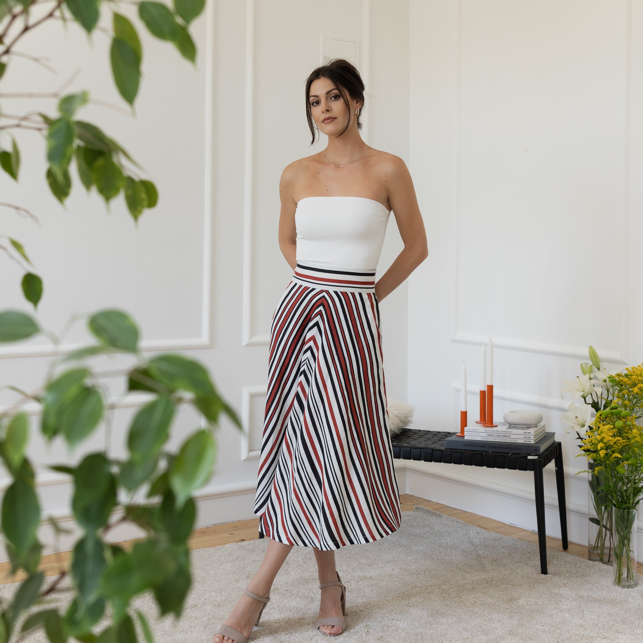 Front view of midi linen striped skirt