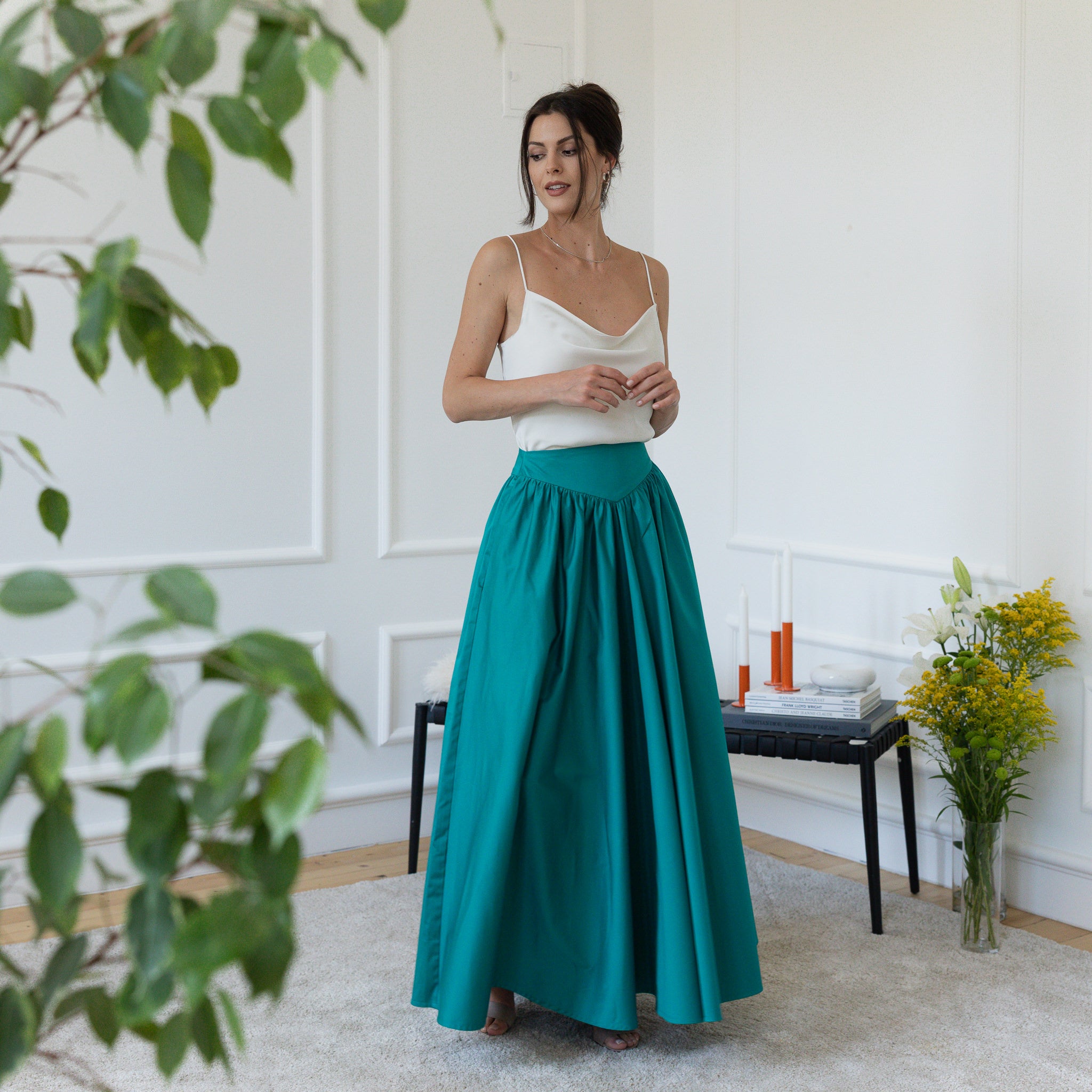 Front view of maxi cotton skirt in teal blue