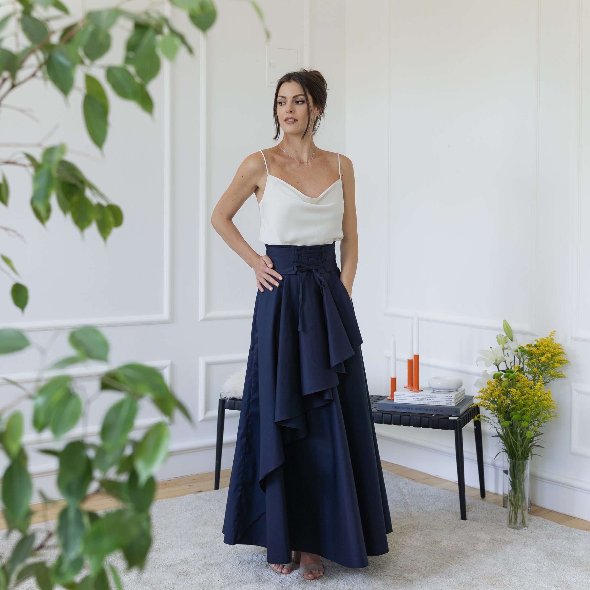 Front view of maxi cotton ruffle skirt